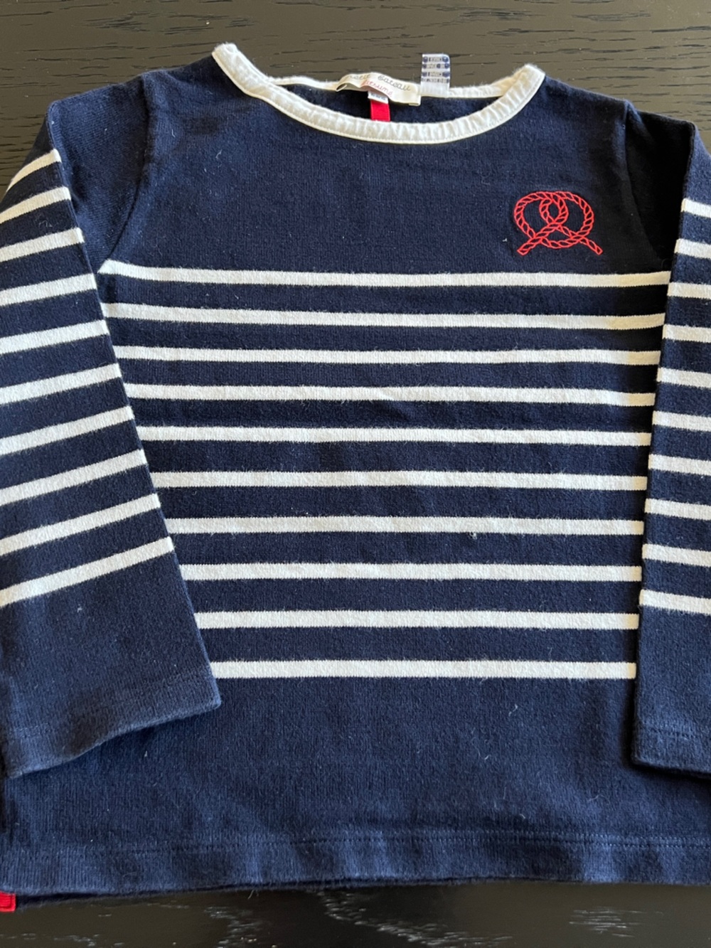 Petit Bateau Navy & White Striped Long Sleeve Tee with Red Anchor Accent